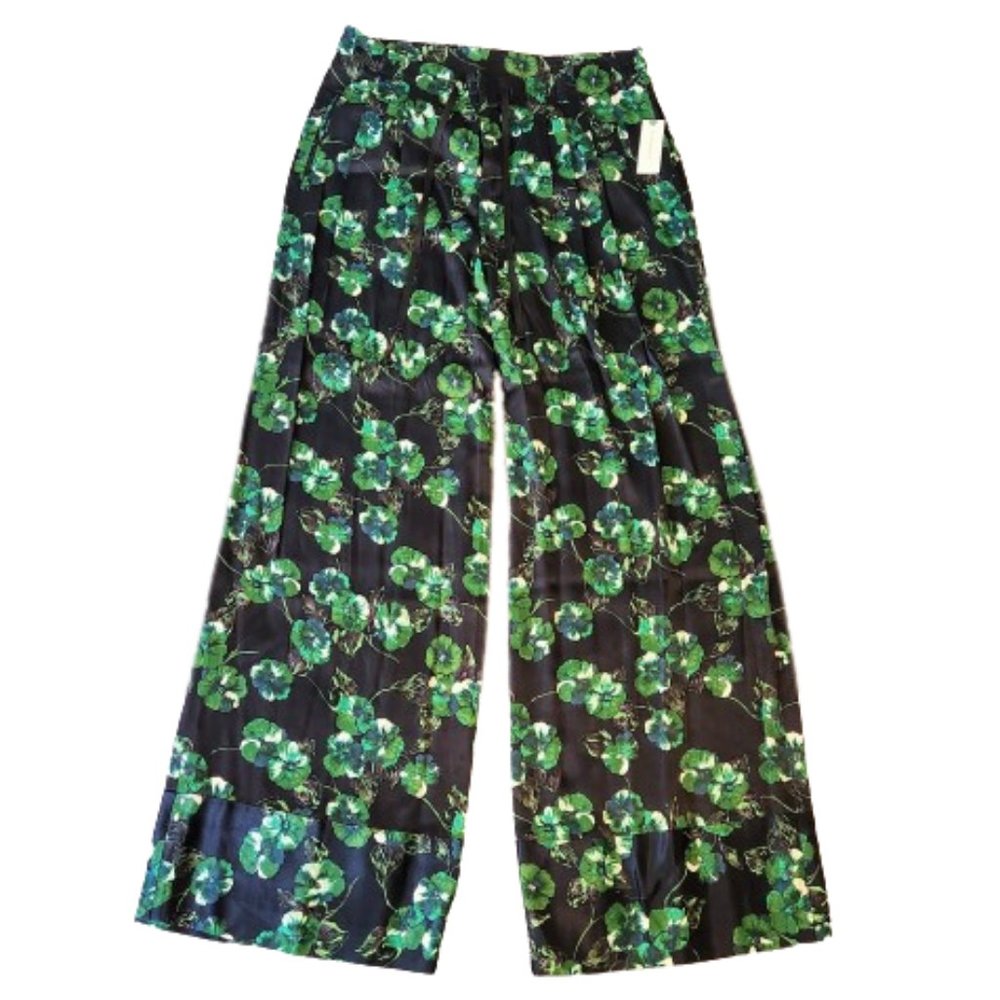 NWT by ANTHROPOLOGIE WIDE, HEAVY SILK LIKE, BLACK/GREEN FLOWERS PANTS  SZ 8